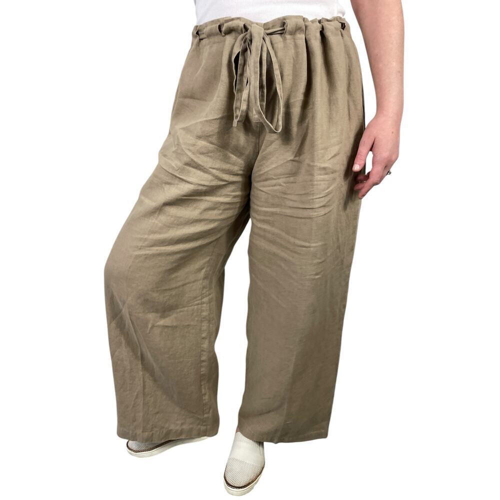 Eileen Fisher 100% Irish Linen Pull On Tie Waist Pants Tan Medium Lagenlook